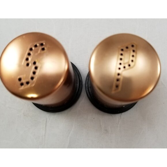 MidCentury Copper Salt Pepper Shakers Black Bottom stylized initials font 1960s - Picture 2 of 2